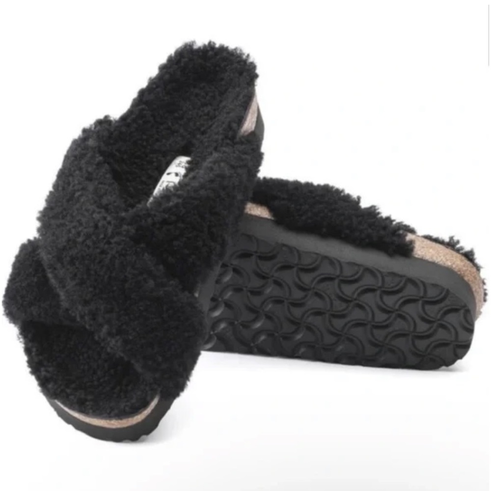 Birkenstock Black Fuzzy Crossband Sandals